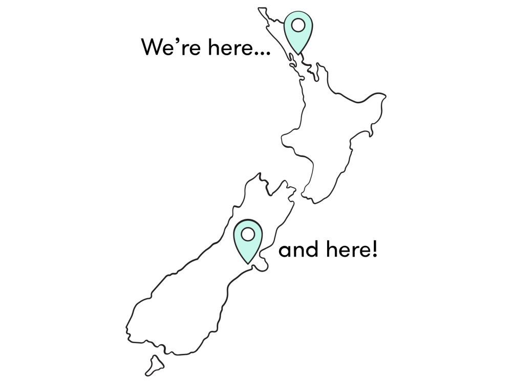 A map of NZ displaying Mint Design's offices in Auckland and Christchurch.